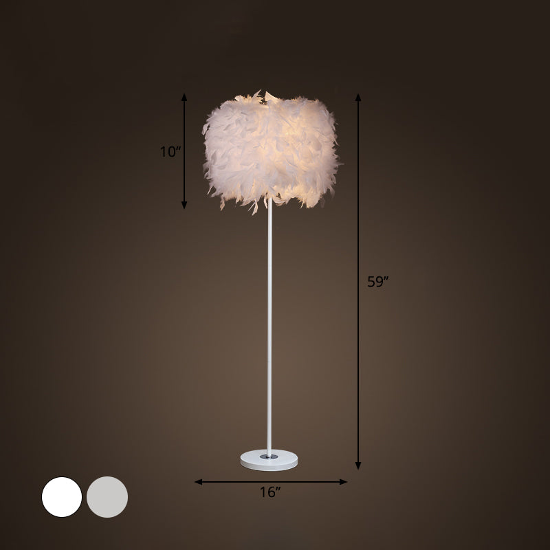 Minimalist White/Chrome Living Room Floor Lamp - Single-Bulb Standing Light With Feather Shade