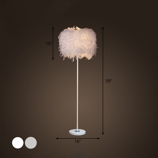 Minimalist White/Chrome Living Room Floor Lamp - Single-Bulb Standing Light With Feather Shade