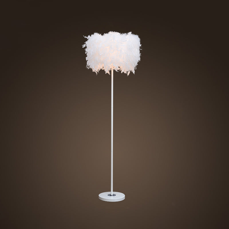 Minimalist White/Chrome Living Room Floor Lamp - Single-Bulb Standing Light With Feather Shade White