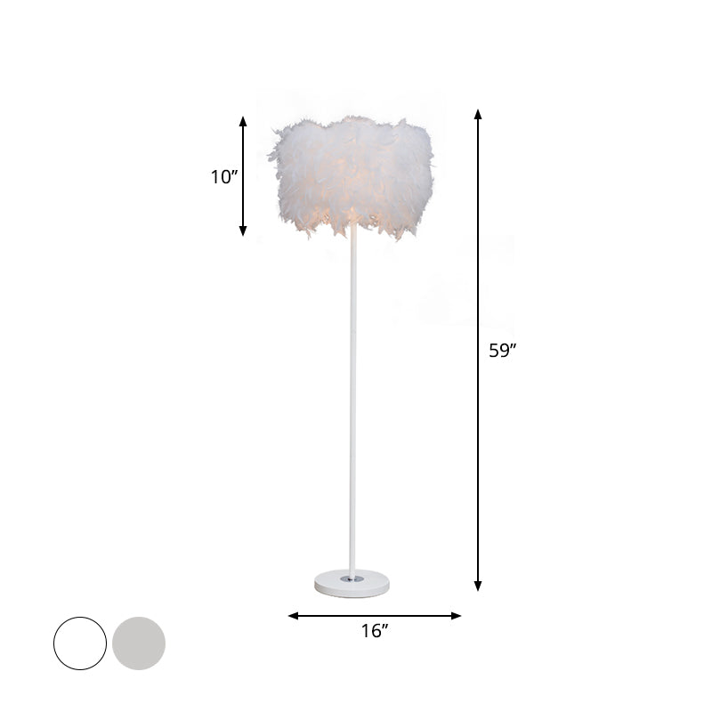 Minimalist White/Chrome Living Room Floor Lamp - Single-Bulb Standing Light With Feather Shade