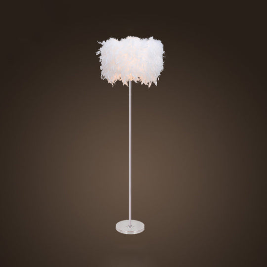 Minimalist White/Chrome Living Room Floor Lamp - Single-Bulb Standing Light With Feather Shade
