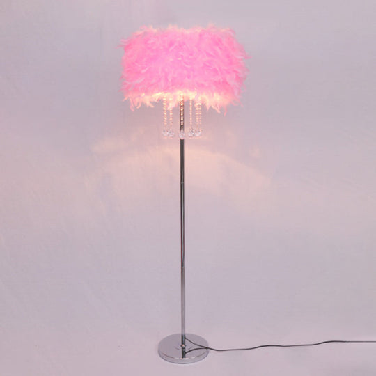 Modernist Drum Dining Room Floor Lamp In Pink/White/Purple With Crystal Draping Pink