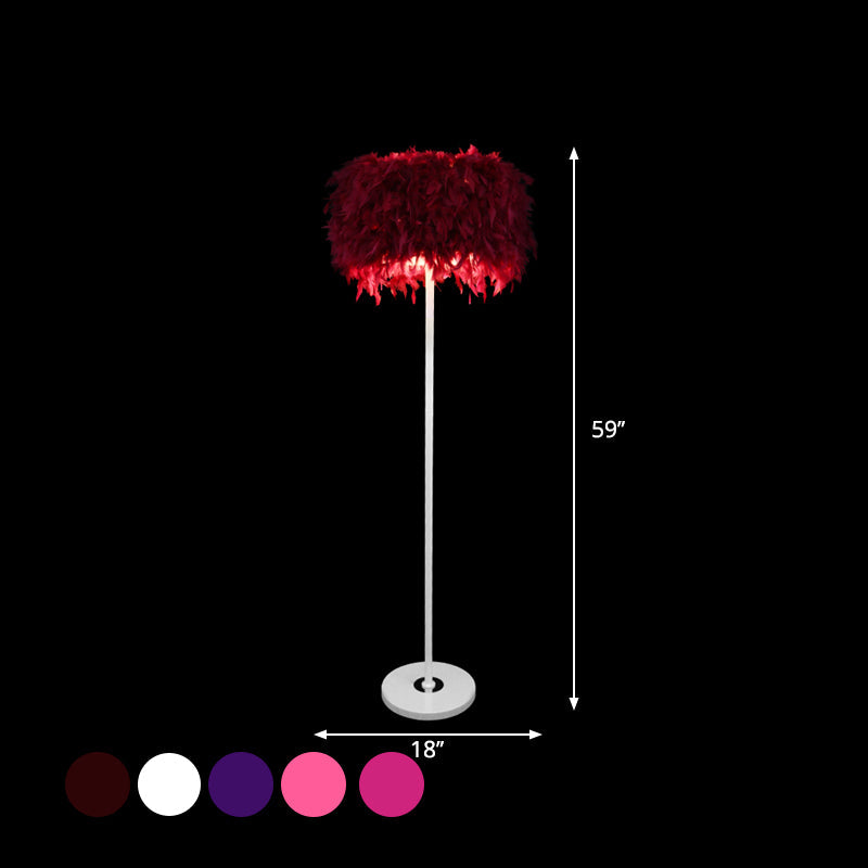 Burgundy/Purple/Pink Drum Floor Lamp - Minimalistic Feather Standing Light For Living Room