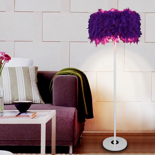 Burgundy/Purple/Pink Drum Floor Lamp - Minimalistic Feather Standing Light For Living Room Purple