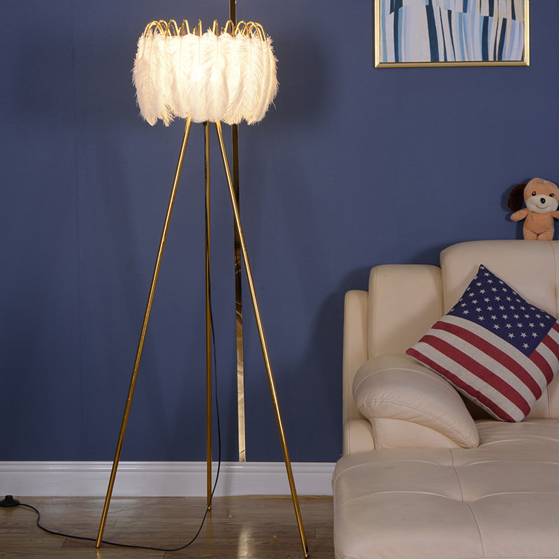 Goose Feather Tripod Drum Floor Lamp - Brass And White