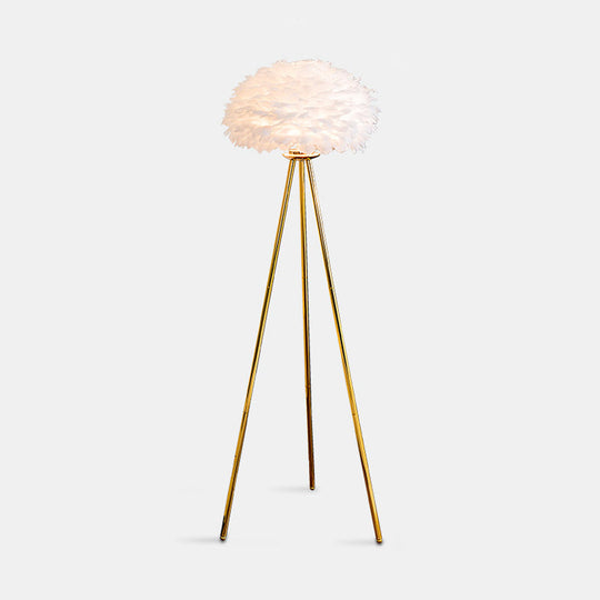 Dome Feather Floor Lamp - Minimalist Single Grey/White/Pink Light With Tripod For Bedroom