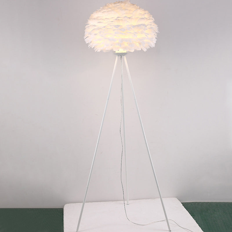 Dome Feather Floor Lamp - Minimalist Single Grey/White/Pink Light With Tripod For Bedroom White /