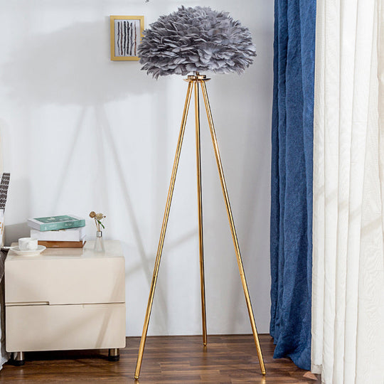 Dome Feather Floor Lamp - Minimalist Single Grey/White/Pink Light With Tripod For Bedroom Gold /