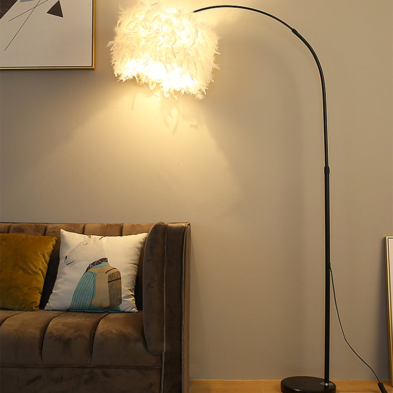Minimalist Black/White Drum Floor Lamp With Feathered 1 Head Curved/Straight Pole Black / Curved
