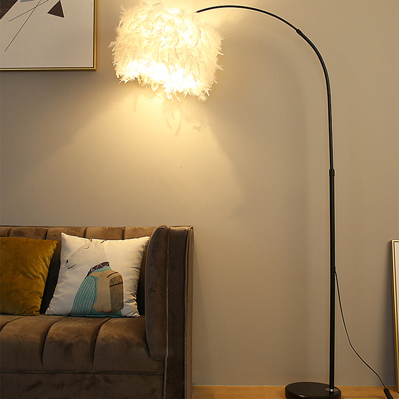 Nordic Feather Standing Lamp: Drum-Shaped 1-Bulb Gooseneck Floor Light Black/White - With/Without
