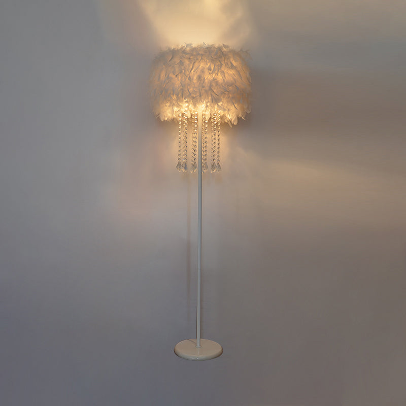 Modern Drum Bedside Floor Lamp - Feather 1-Light White (With/Without Crystal Drop) / With