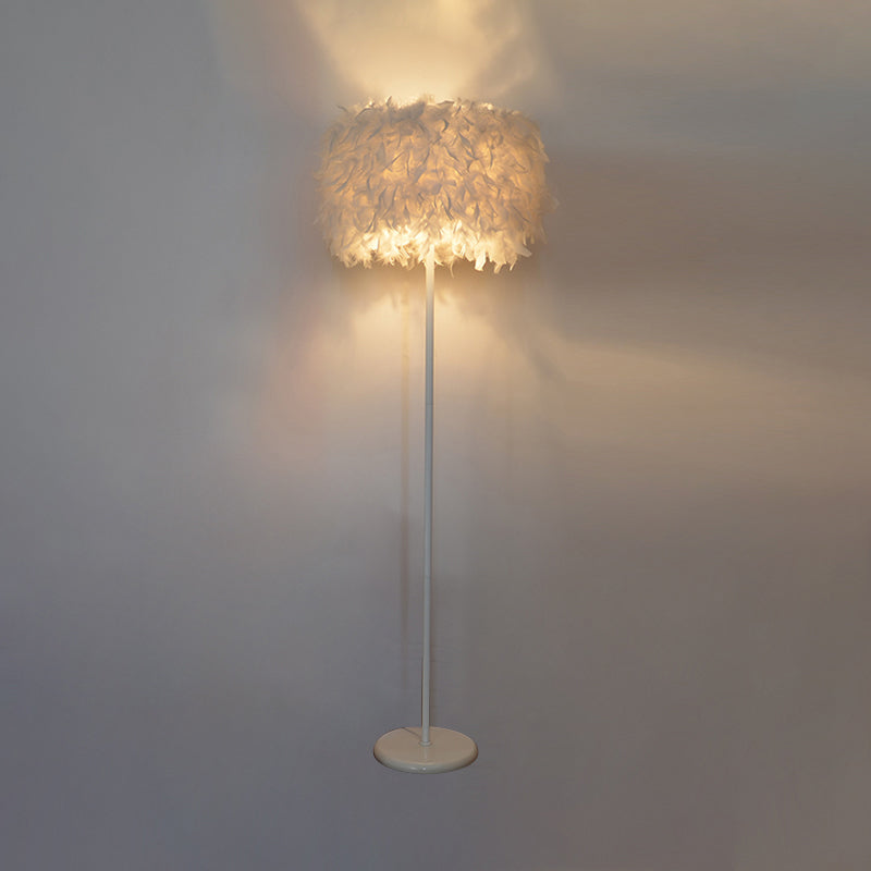 Modern Drum Bedside Floor Lamp - Feather 1-Light White (With/Without Crystal Drop)