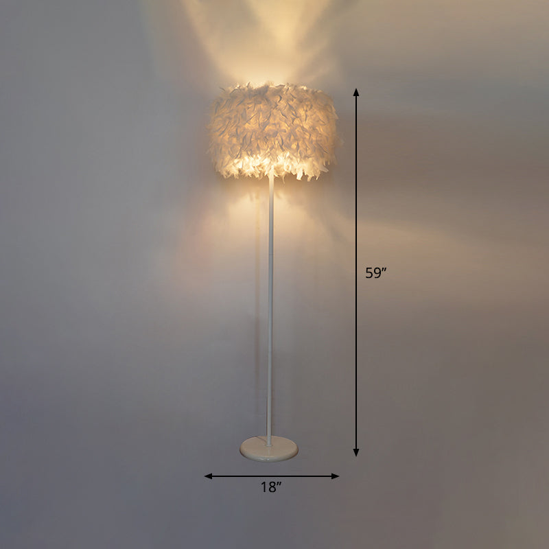 Modern Drum Bedside Floor Lamp - Feather 1-Light White (With/Without Crystal Drop)