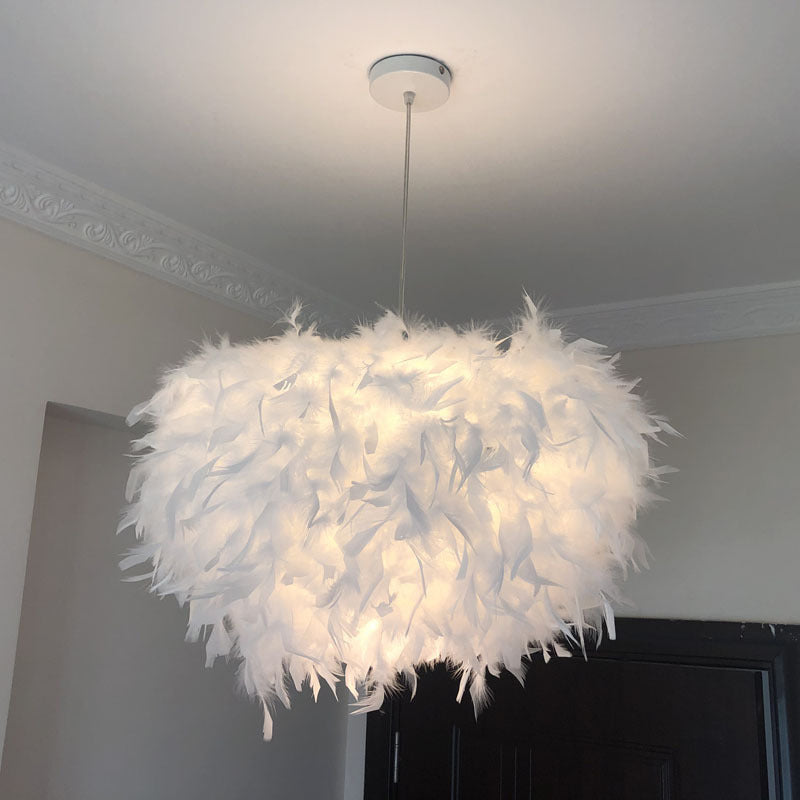 Nordic Feather Pendant Lamp - Handcrafted Hemispherical Design, 1-Bulb White Hanging Light Kit (11"/15"/19.5" W)