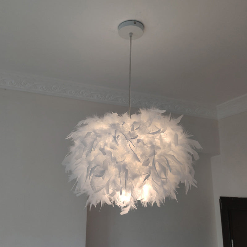 Nordic Feather Pendant Lamp - Handcrafted Hemispherical Design, 1-Bulb White Hanging Light Kit (11"/15"/19.5" W)