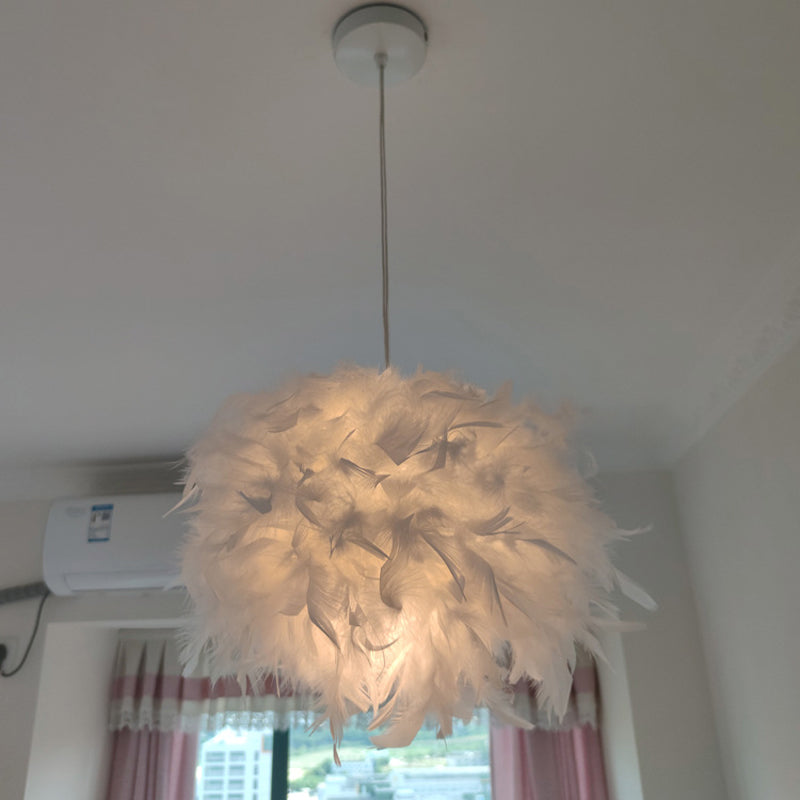 Nordic Feather Pendant Lamp - Handcrafted Hemispherical Design, 1-Bulb White Hanging Light Kit (11"/15"/19.5" W)