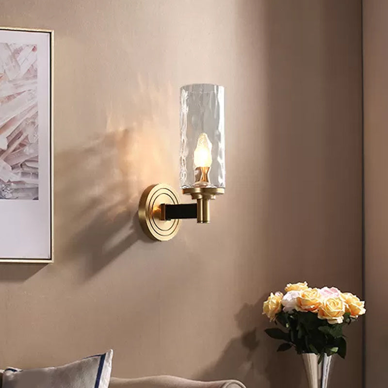 Postmodern Water Glass/Cut Crystal 1-Bulb Gold Wall Sconce Lamp - Cylinder/Ball Shape For Living