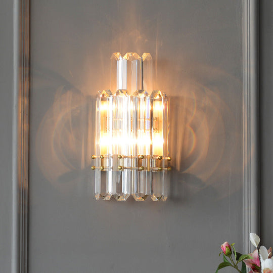 Contemporary Gold Wall Sconce With 2 Tiers Clear Crystal Prisms - Perfect For Restaurants