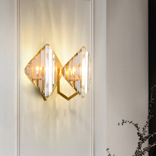 Gold Crystal Rhombus Wall Mount Lamp: Post-Modern 1/2-Bulb Lighting Fixture 2 /