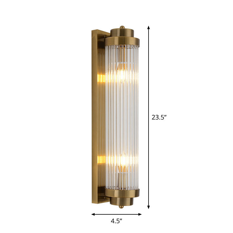 Postmodern Gold Wall Sconce With Clear Fluted Glass - 2 Lights Tubular Design