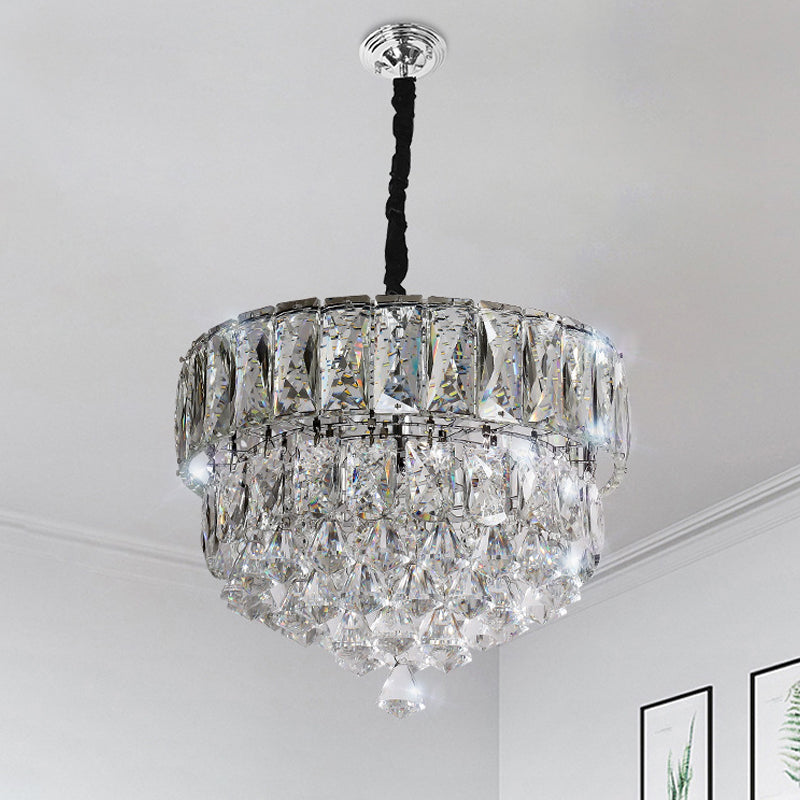 Modern Stainless Steel Crystal LED Pendant Light - Beveled Cut, Round/Square Tiers