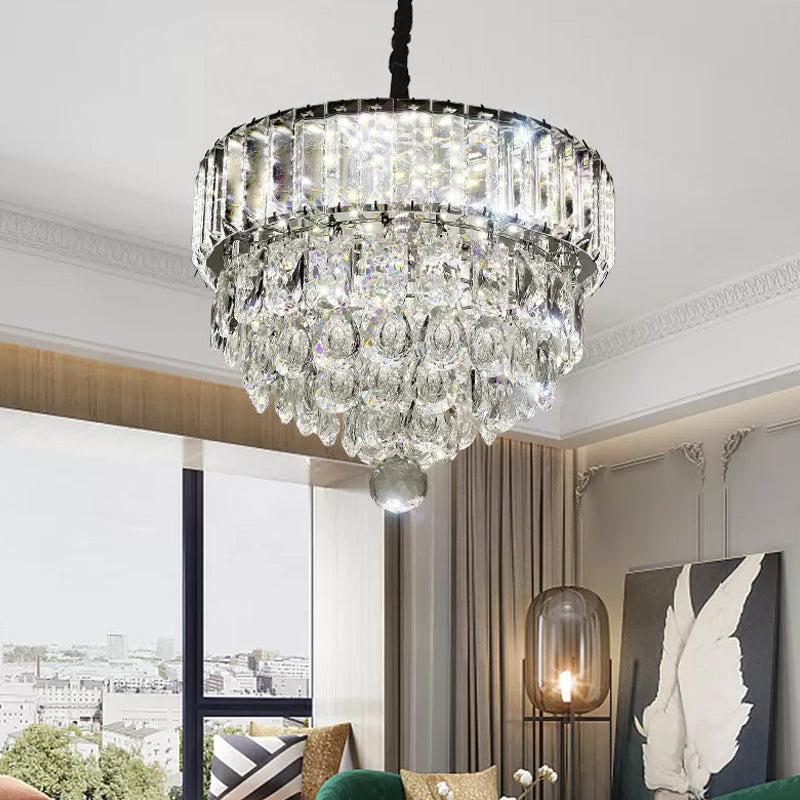 Modern Stainless Steel Crystal LED Pendant Light - Beveled Cut, Round/Square Tiers
