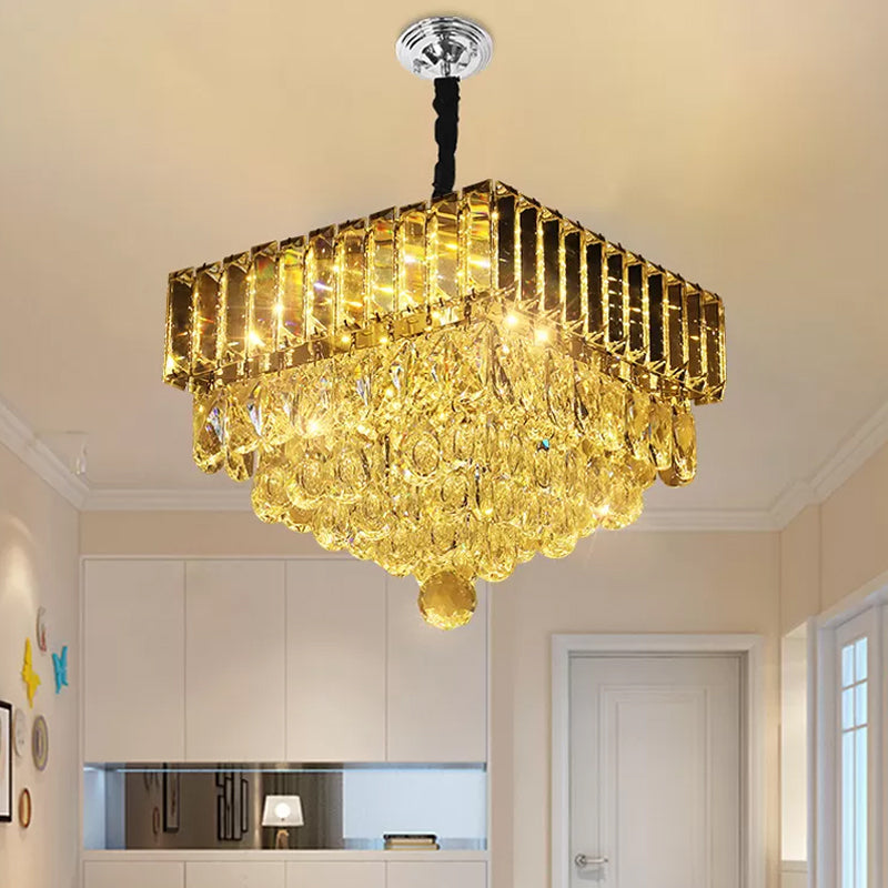 Modern Crystal Led Hanging Light Fixture With Stainless Steel Tiers Stainless-Steel / Square Plate