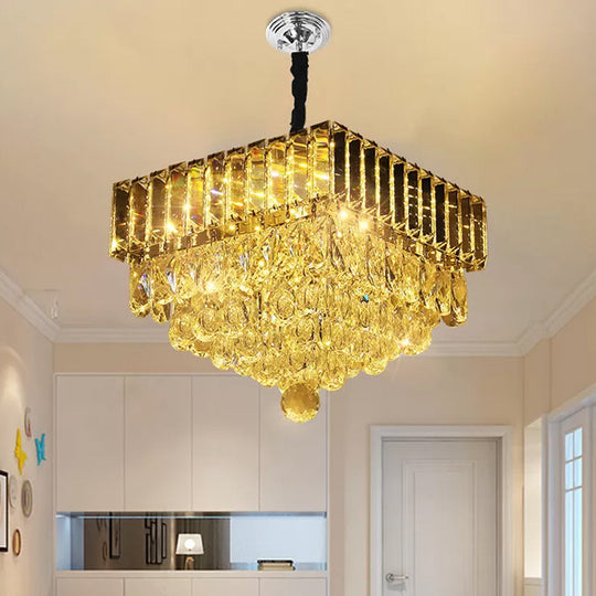 Modern Crystal Led Hanging Light Fixture With Stainless Steel Tiers Stainless-Steel / Square Plate