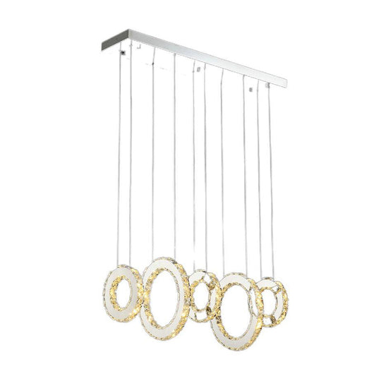 Modern Silver Circular Pendant with K9 Crystal, 3/5 Lights for Dining Room Cluster
