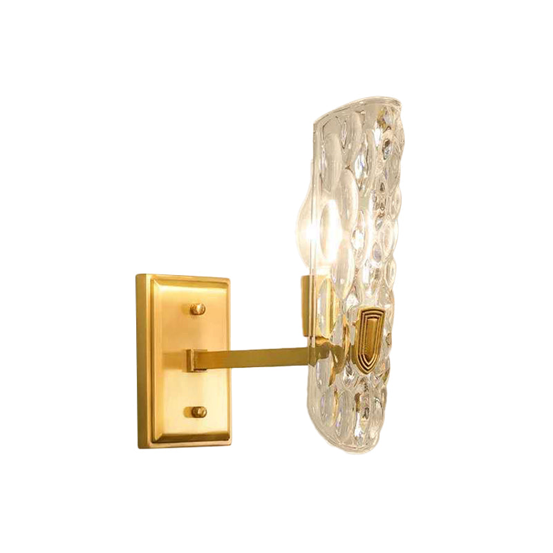 Gold Wall Lamp: Curved Postmodern Design With Clear Hammered Glass - Ideal For Foyer
