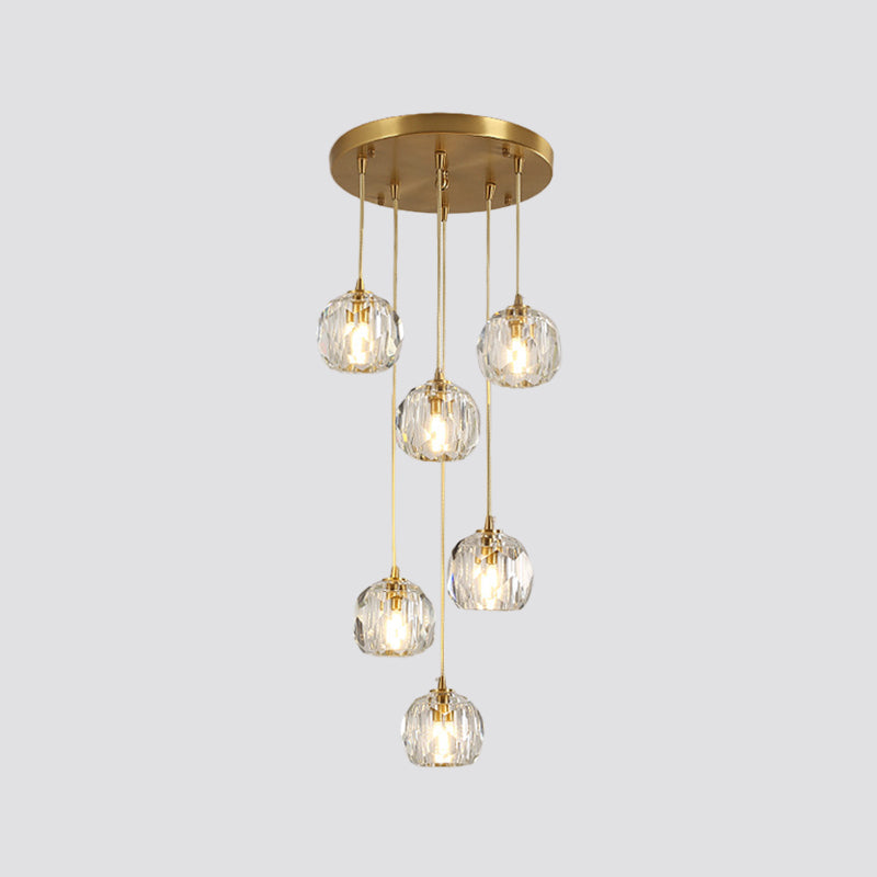 Stylish Modern Brass Ceiling Hang Light with Faceted K9 Crystal Cluster Ball Pendant for Living Room