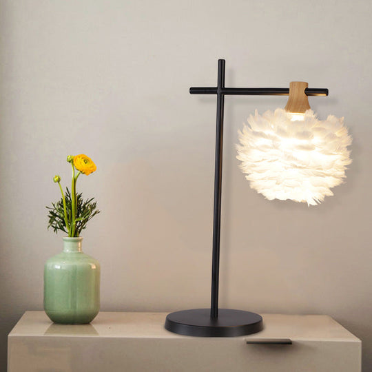 Nordic Mini Feather Table Lamp With Cross Arm - Black-White Night Light For Bedroom