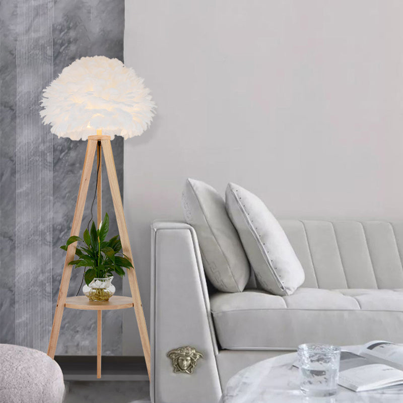 Nordic Wood Shelf Floor Lamp With Feather Dome Shade - Grey/White