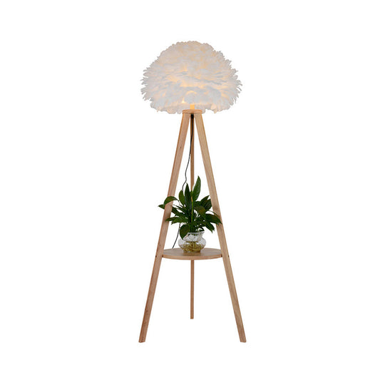 Nordic Wood Shelf Floor Lamp With Feather Dome Shade - Grey/White