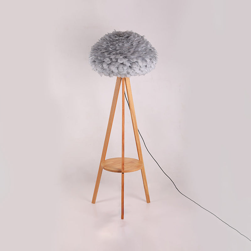 Nordic Wood Shelf Floor Lamp With Feather Dome Shade - Grey/White Grey