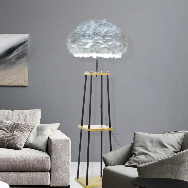 Nordic 2-Tier Wood Floor Lamp With Feather Shade - Grey/White Grey