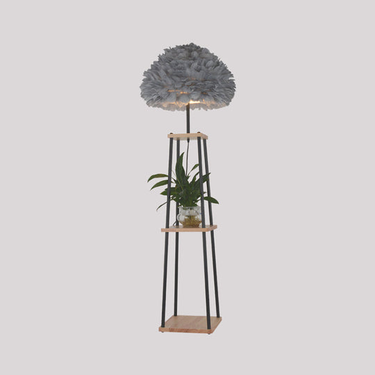 Nordic 2-Tier Wood Floor Lamp With Feather Shade - Grey/White