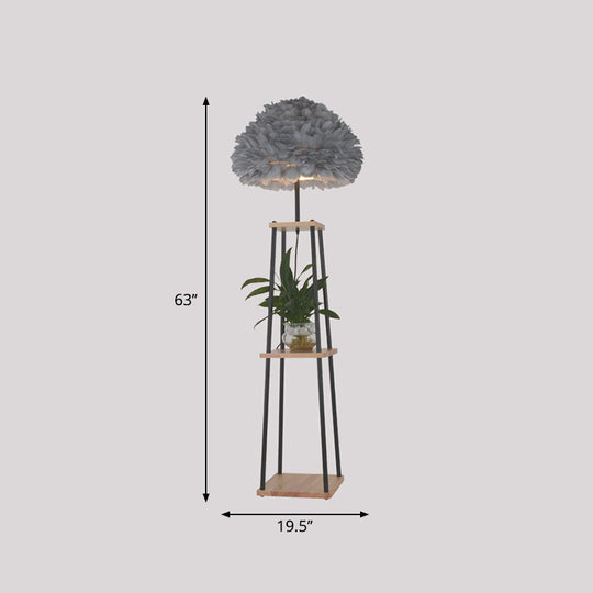 Nordic 2-Tier Wood Floor Lamp With Feather Shade - Grey/White