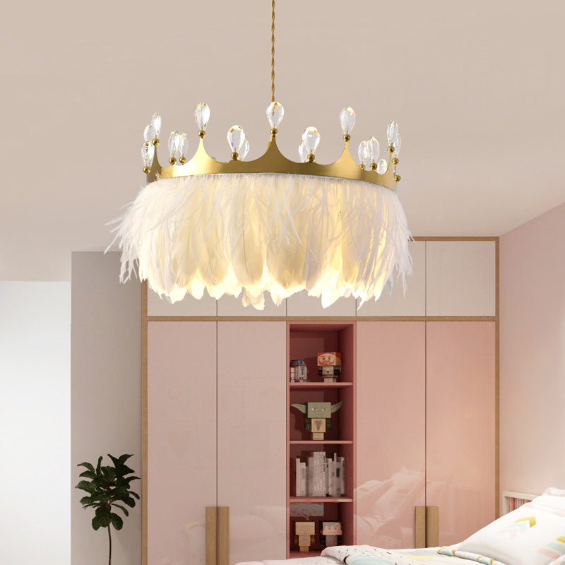 Golden Feather Crown Pendant Light For Kids Bedroom - 1-Light Nordic Hanging Fixture (16/19.5 W)