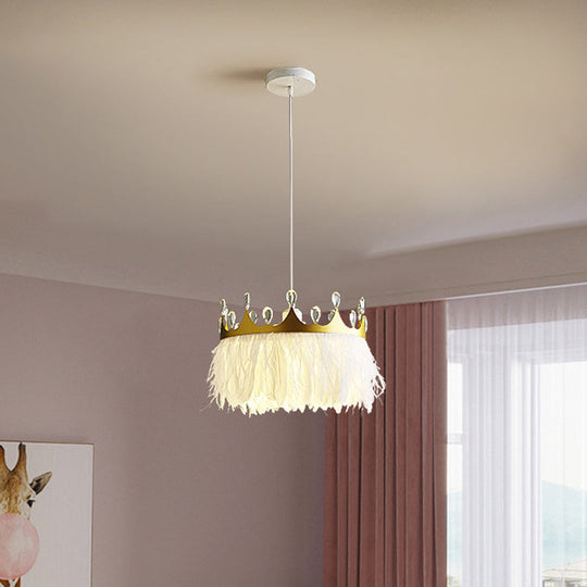 Golden Feather Crown Pendant Light For Kids Bedroom - 1-Light Nordic Hanging Fixture (16/19.5 W)