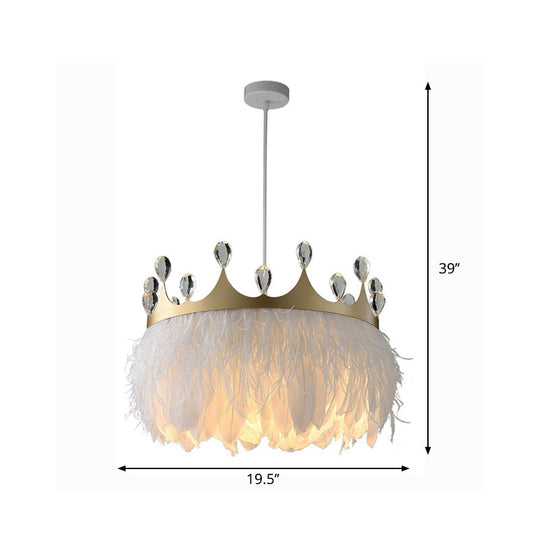 Gold Crown Shaped Kids Bedroom Pendant Lamp Feather Nordic Hanging Light - 1-Light Fixture - 16"/19.5" Width