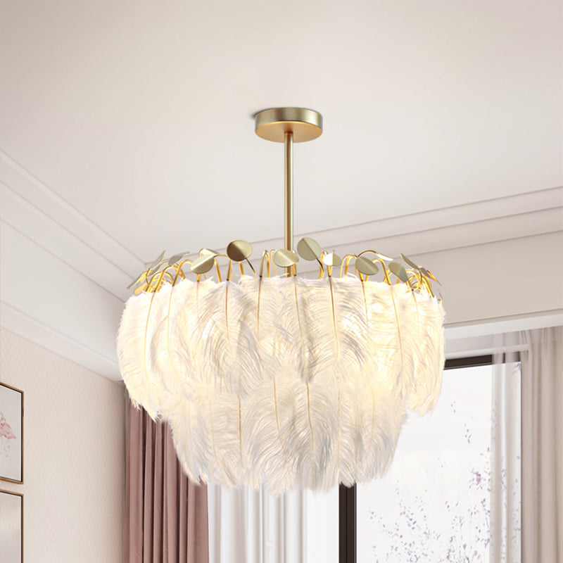 Modern 2-Tier Feather Chandelier: 3-Head Gold Suspended Lighting Fixture For Bedroom