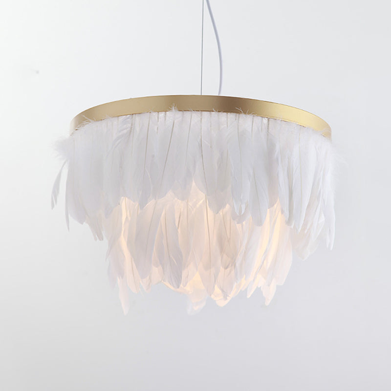 Layered Hanging Light Kit: Feathered Pendant In White/Blue For Dining Room