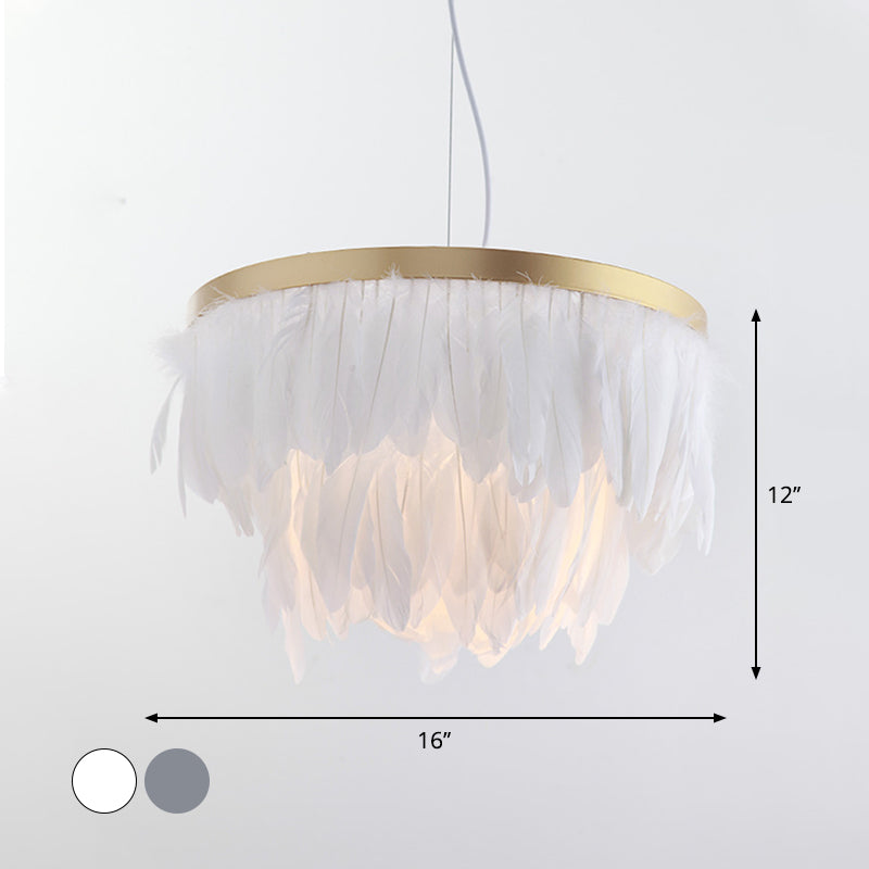 Layered Hanging Light Kit: Feathered Pendant In White/Blue For Dining Room