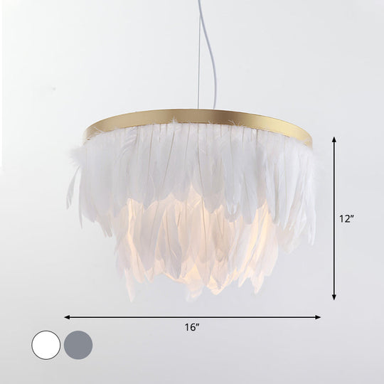 Layered Hanging Light Kit: Feathered Pendant In White/Blue For Dining Room