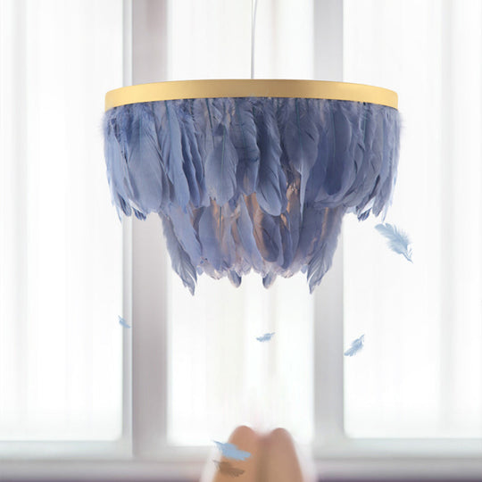 Layered Hanging Light Kit: Feathered Pendant In White/Blue For Dining Room Blue