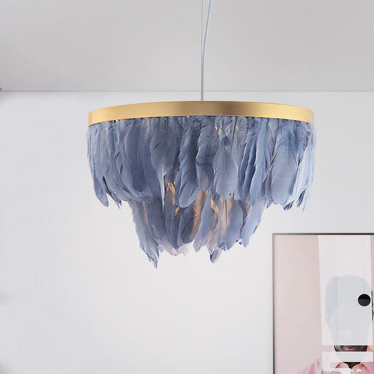 Layered Hanging Light Kit: Feathered Pendant In White/Blue For Dining Room