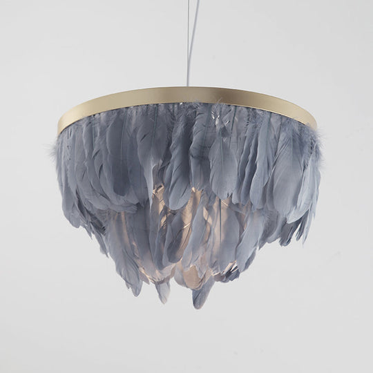 Layered Hanging Light Kit: Feathered Pendant In White/Blue For Dining Room
