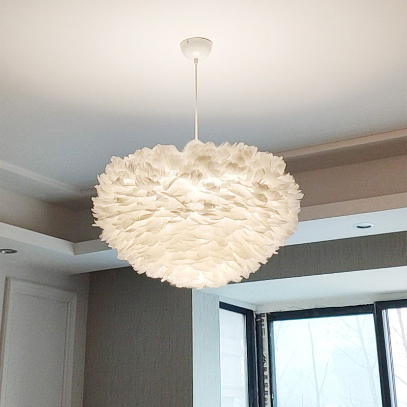 Minimalist White Dome Pendant Ceiling Light with Feather Accent for Girls Bedroom