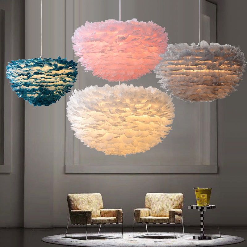 Feather Drop Pendant Simplicity Lamp - 1-Light Hemispherical Grey/White/Pink Bedroom Hanging